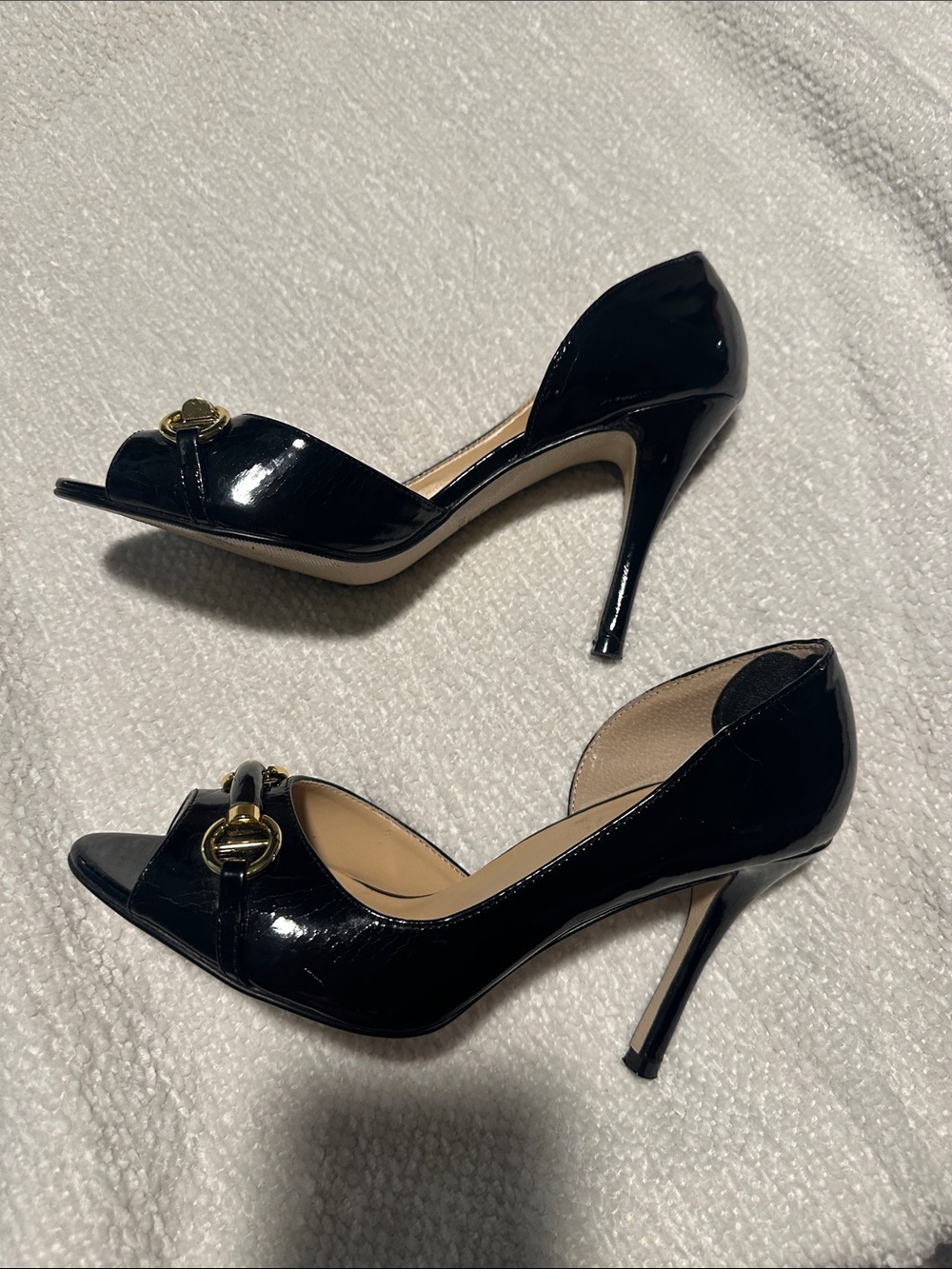Chadwicks Black Patent Peep-Toe Heels with Gold Accent